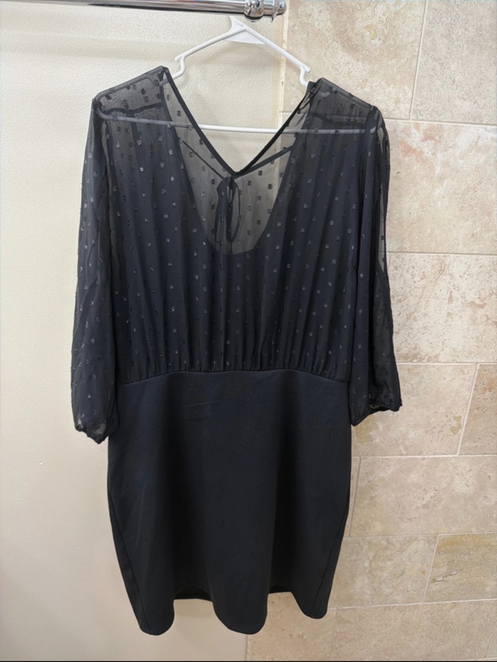 Maurices Black Sheer Dot Sleeve V-Neck Dress with Tie